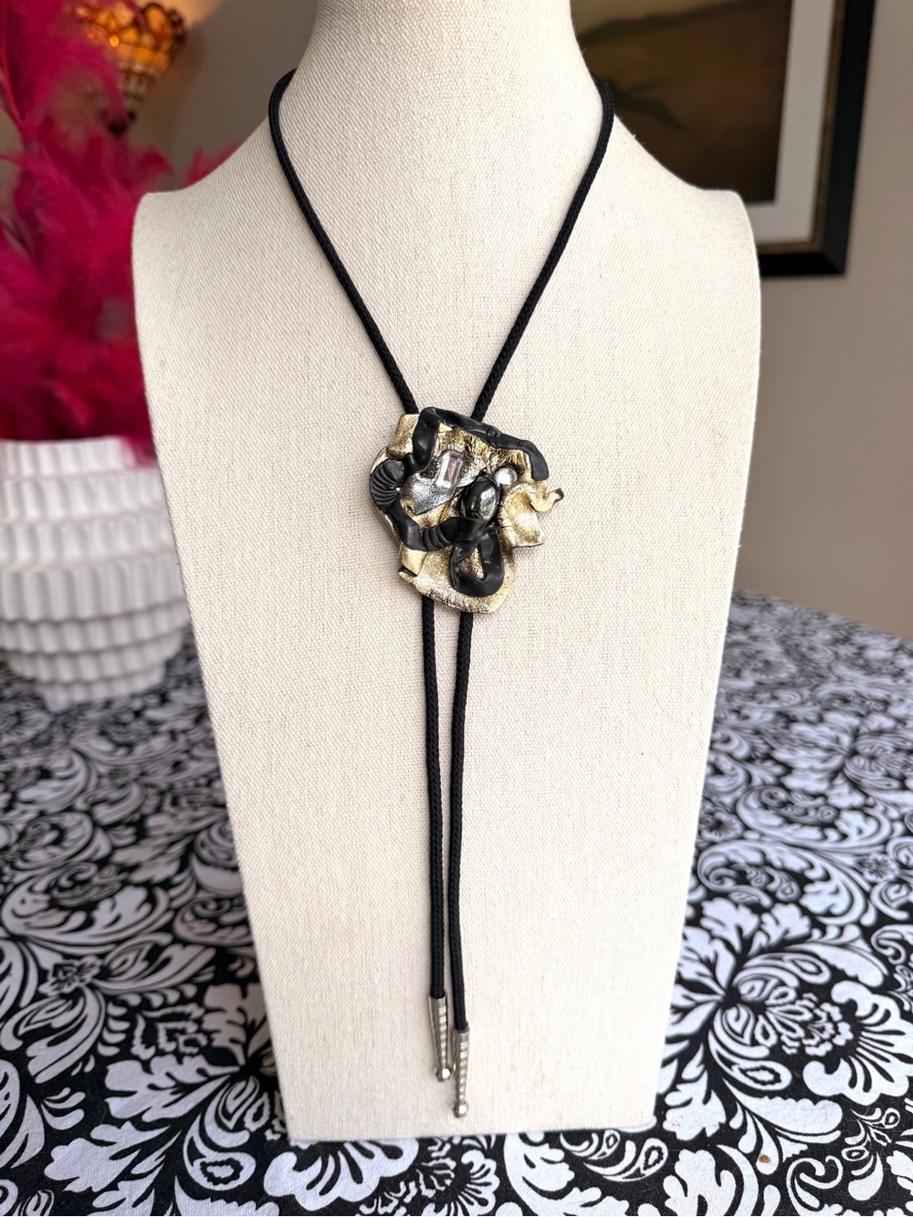 Vintage 80s Abstract Bolo Necklace Wearable Art Statement